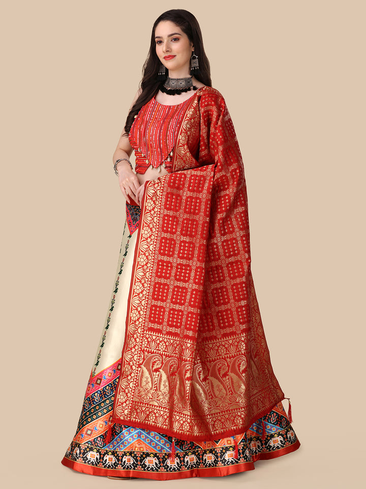 Gorgeous Cream Silk Lehenga | Sequins Embroidery & Banarasi Dupatta