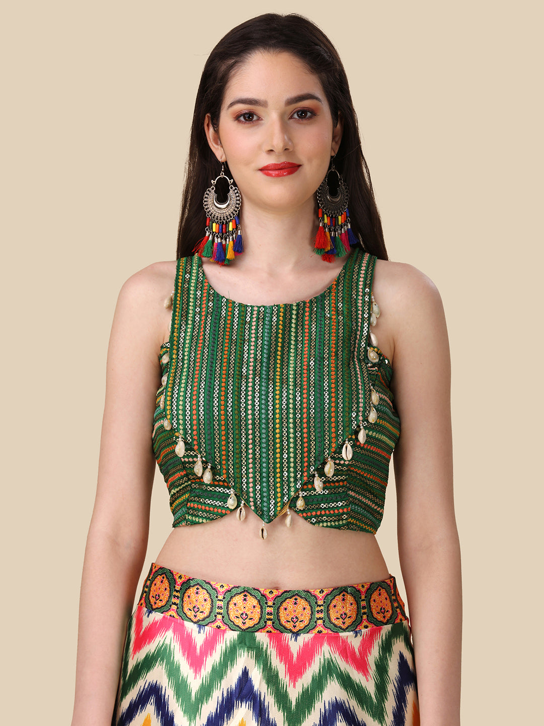 Multicolor Satin Silk Lehenga | Embroidered Digital Print Dupatta