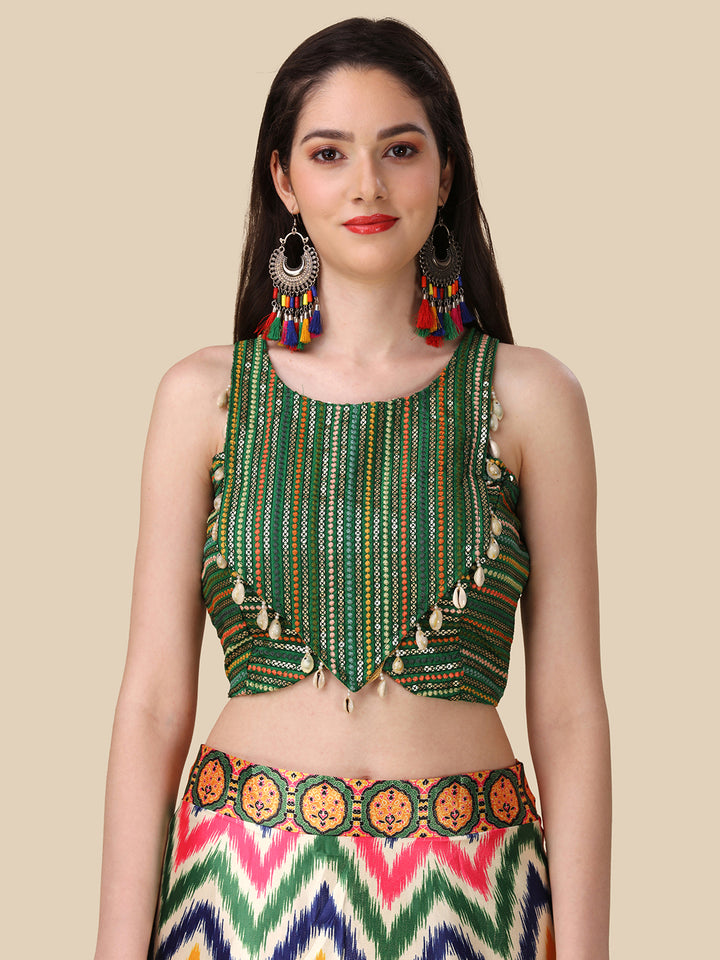 Multicolor Satin Silk Lehenga | Embroidered Digital Print Dupatta