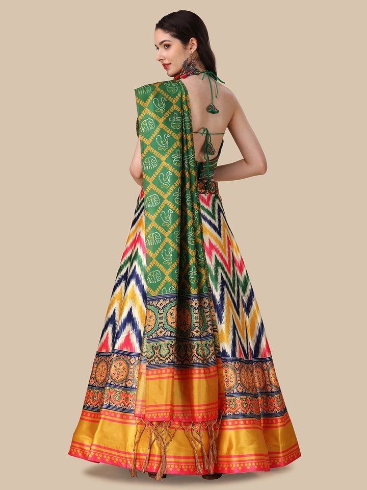 Multicolor Satin Silk Lehenga | Embroidered Digital Print Dupatta