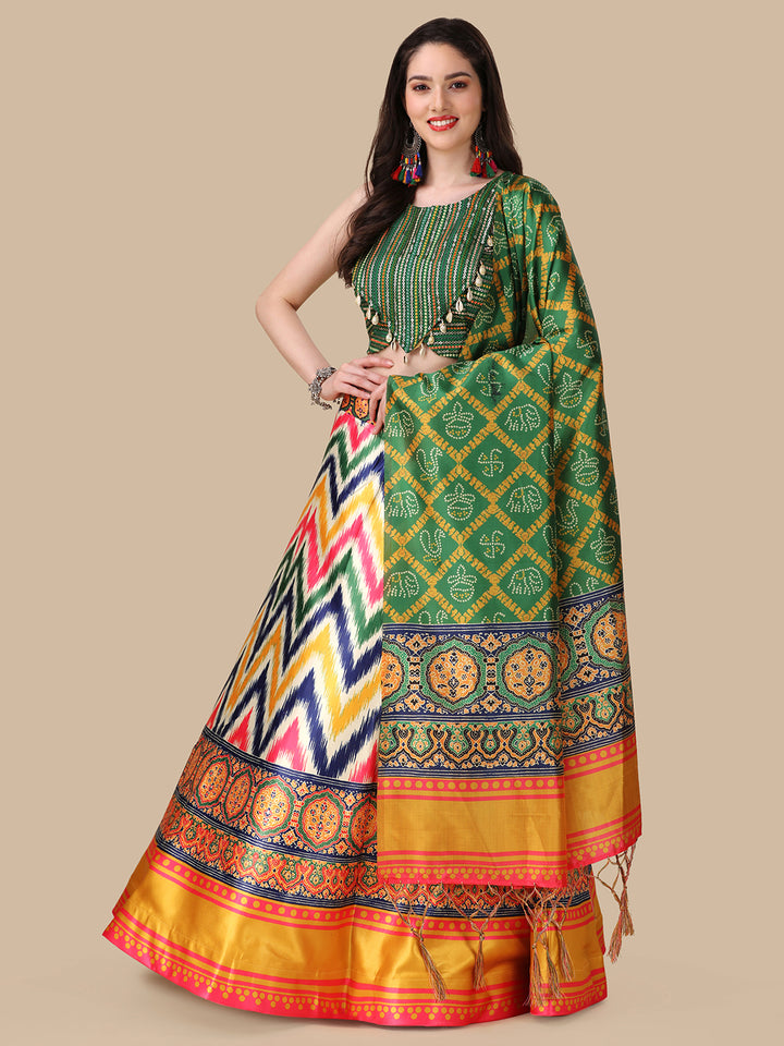 Multicolor Satin Silk Lehenga | Embroidered Digital Print Dupatta