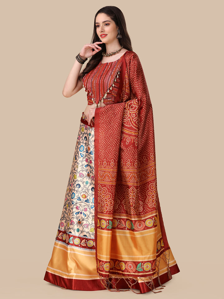 Multicolor Satin Silk Lehenga Choli | Assam Silk Dupatta with Sequins Work