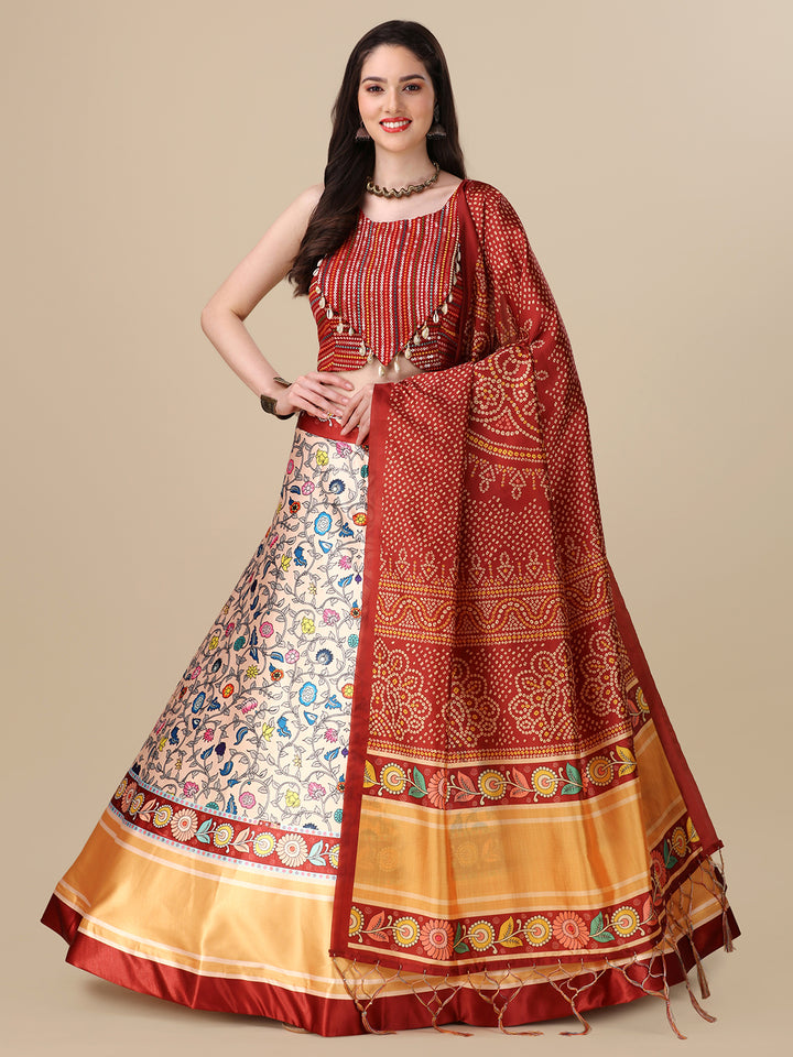 Multicolor Satin Silk Lehenga Choli | Assam Silk Dupatta with Sequins Work
