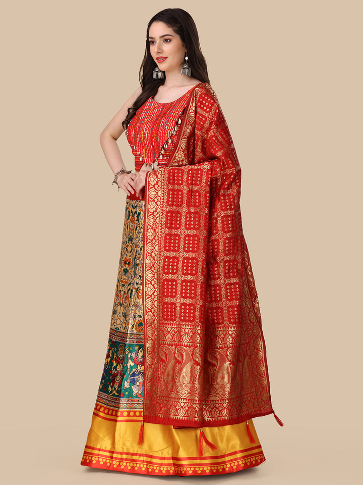 Multicolor Exquisite Satin Silk Lehenga | Digital Print & Embroidery Work