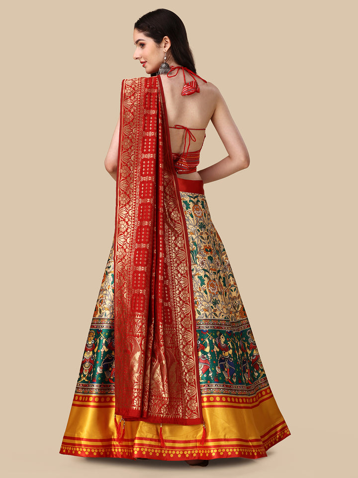 Multicolor Exquisite Satin Silk Lehenga | Digital Print & Embroidery Work