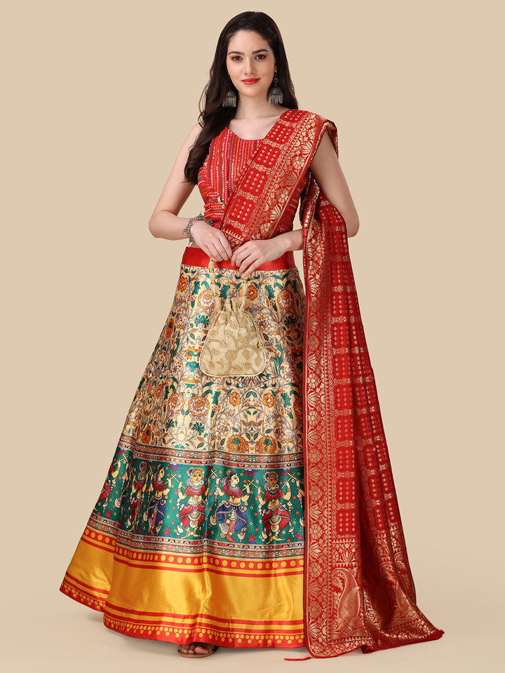 Multicolor Exquisite Satin Silk Lehenga | Digital Print & Embroidery Work