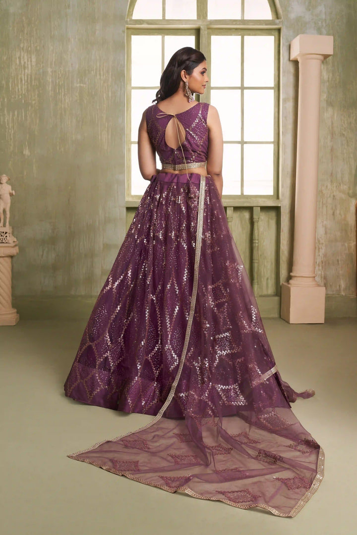 Wine Butterfly Net Lehenga Choli | Sequins & Thread Embroidery Party Wear