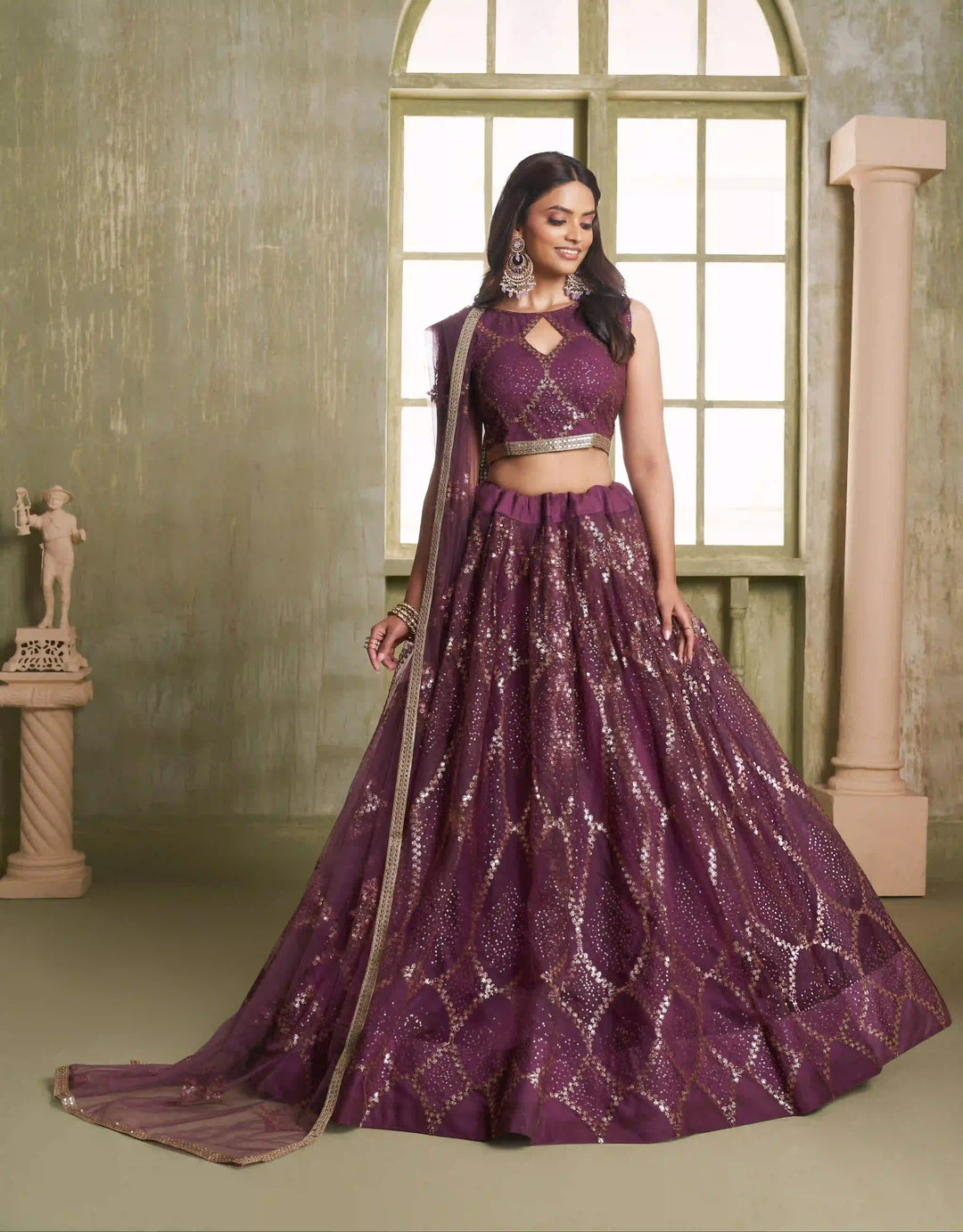 Wine Butterfly Net Lehenga Choli | Sequins & Thread Embroidery Party Wear