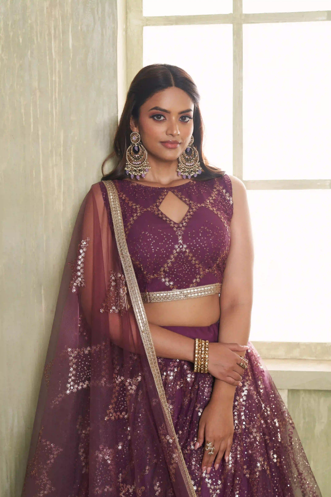 Wine Butterfly Net Lehenga Choli | Sequins & Thread Embroidery Party Wear