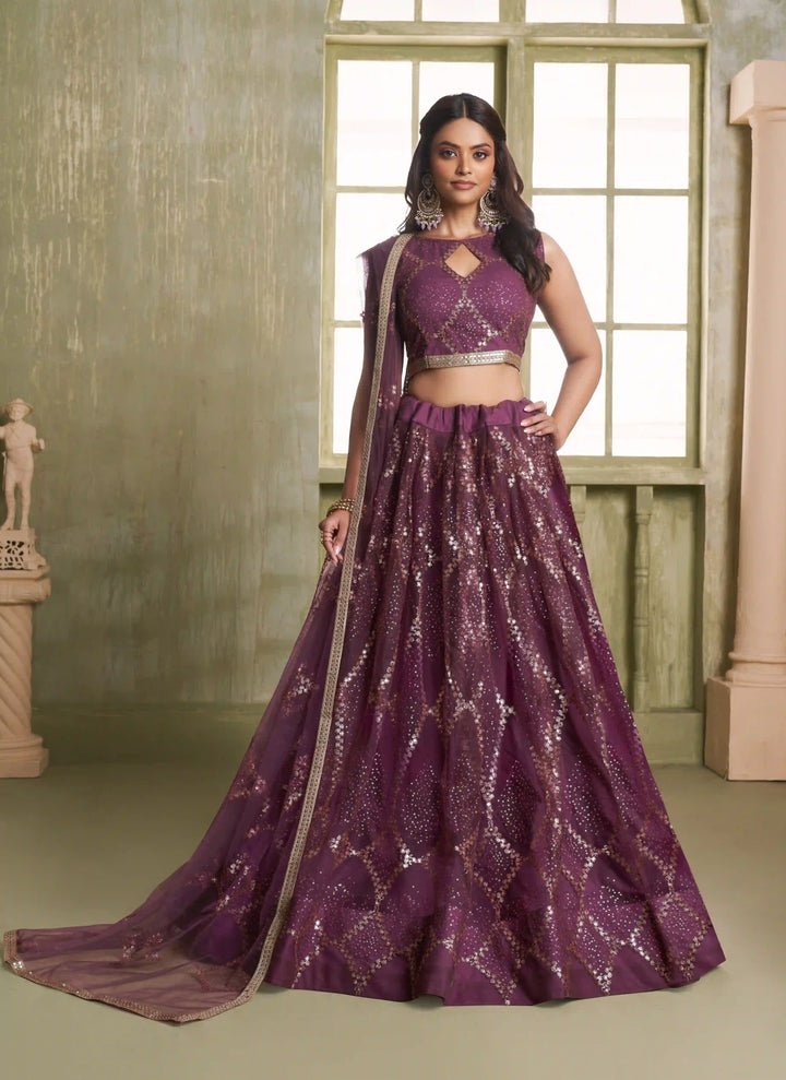 Wine Butterfly Net Lehenga Choli | Sequins & Thread Embroidery Party Wear