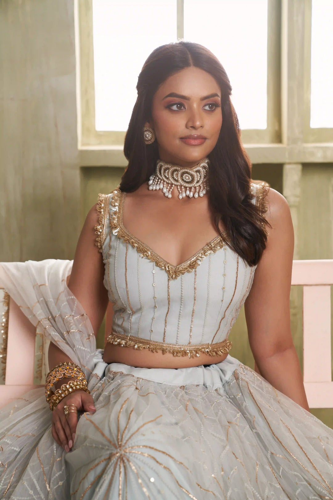 Light Gray Butterfly Net Lehenga Choli | Sequins & Thread Embroidery Party Wear