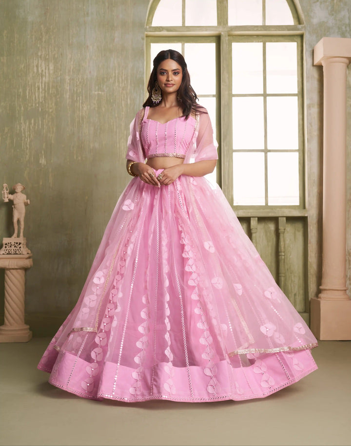 Designer Rose Pink Net Lehenga Choli | Butterfly Net Embroidery Wedding Look