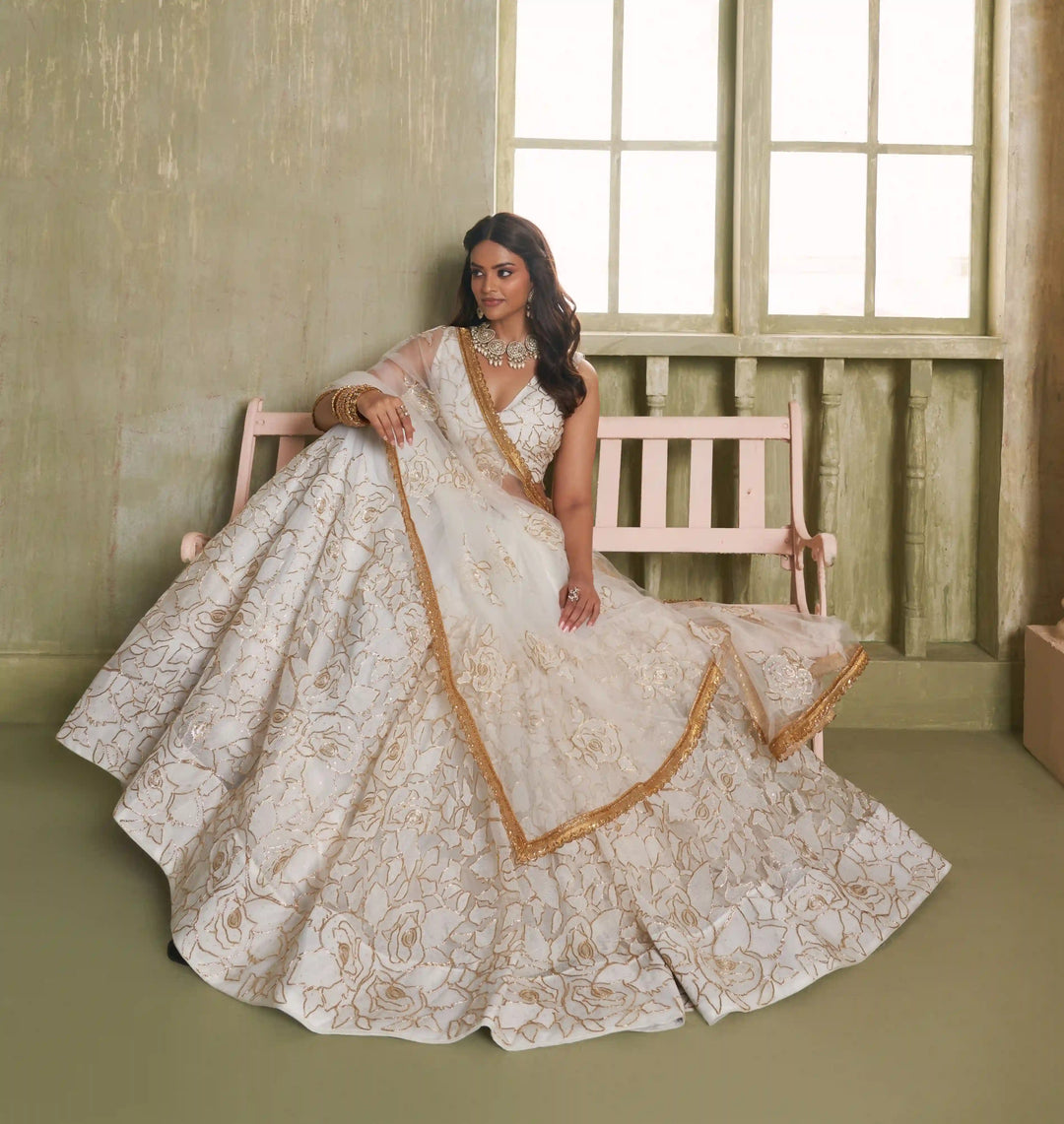 Designer Off White Lehenga | Butterfly Net Embroidery Festive & Wedding Look