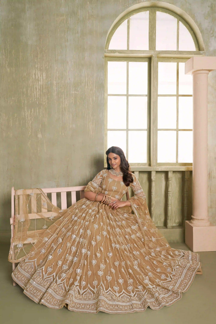 Light Brown Butterfly Net Lehenga Choli | Sequins & Mirror Embroidery Party Wear