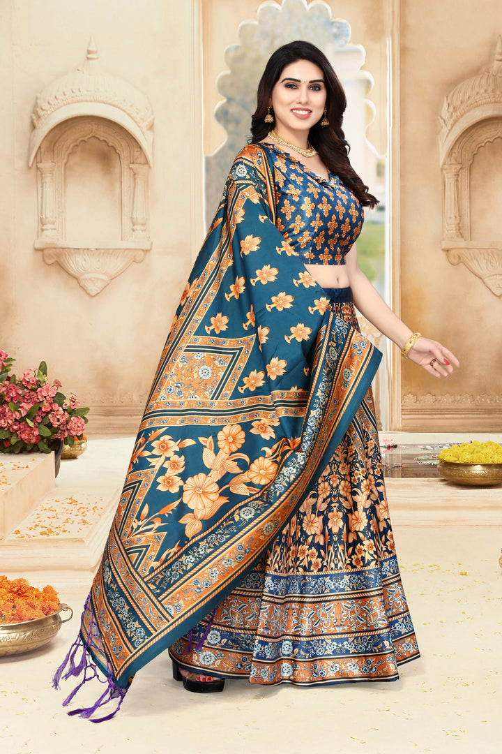 Teal Blue Digital Print Lehenga | Silk & Satin Fabric for Stylish Appeal