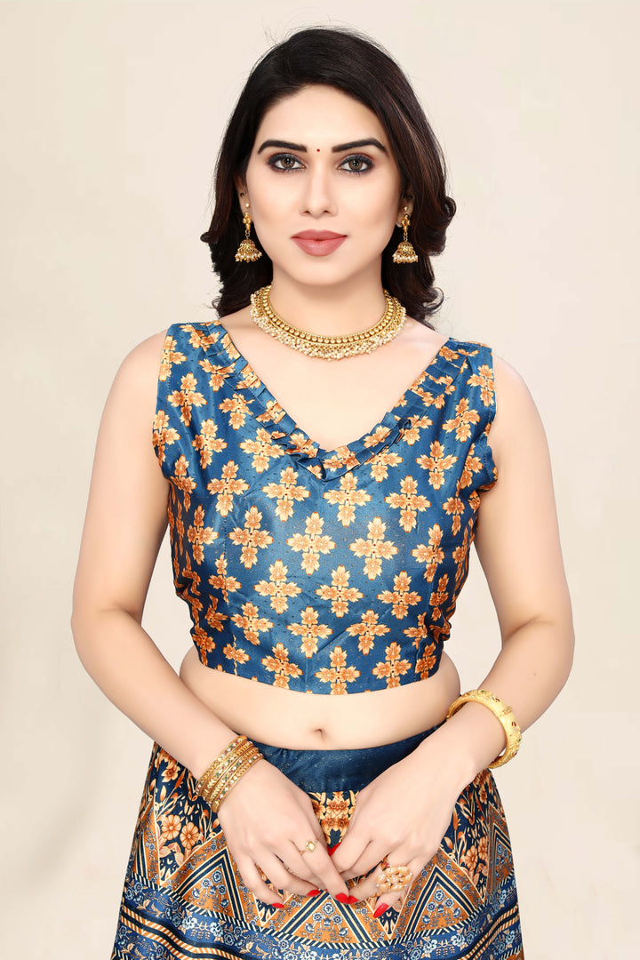 Teal Blue Digital Print Lehenga | Silk & Satin Fabric for Stylish Appeal