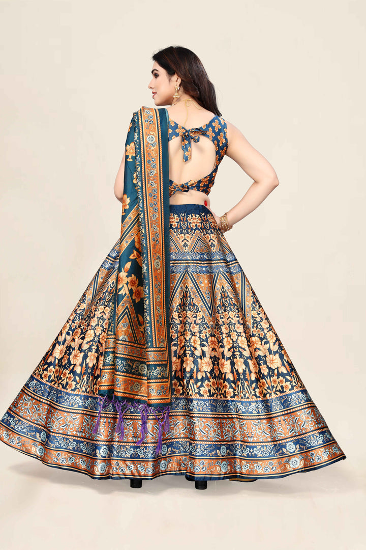 Teal Blue Digital Print Lehenga | Silk & Satin Fabric for Stylish Appeal