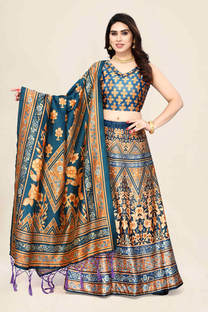 Teal Blue Digital Print Lehenga | Silk & Satin Fabric for Stylish Appeal