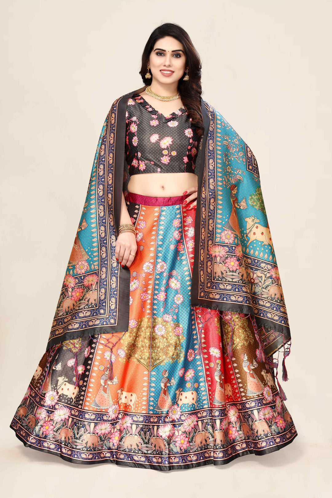 Multicolor Designer Lehenga | Satin Silk & Assam Silk with Digital Print