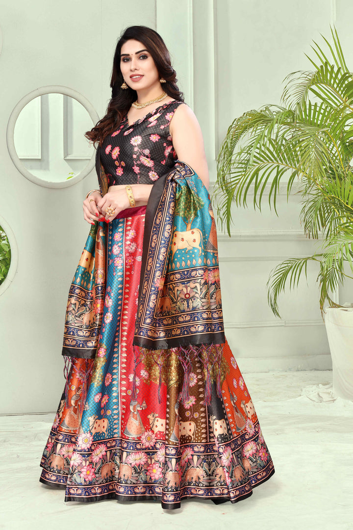 Multicolor Designer Lehenga | Satin Silk & Assam Silk with Digital Print