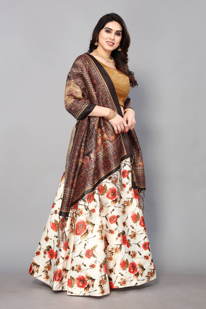 Traditional Cream Lehenga | Digital Print on Silk & Satin Silk Fabric