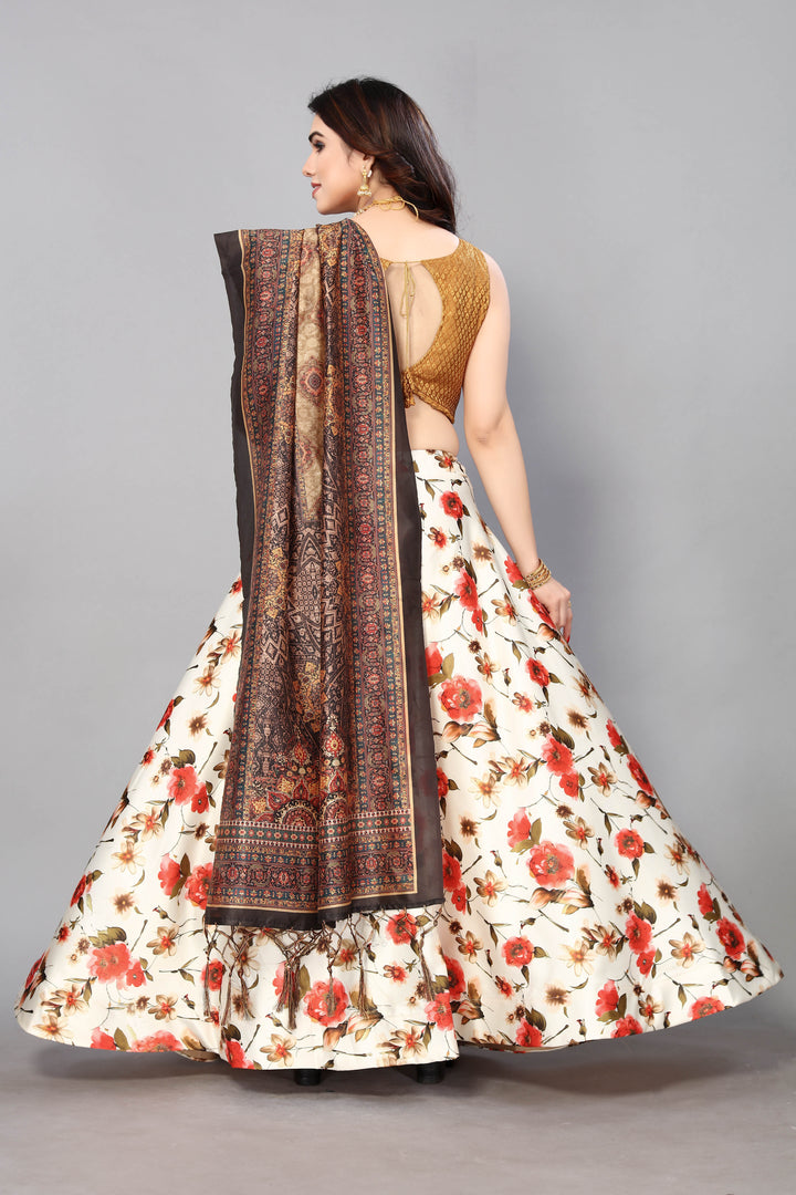 Traditional Cream Lehenga | Digital Print on Silk & Satin Silk Fabric