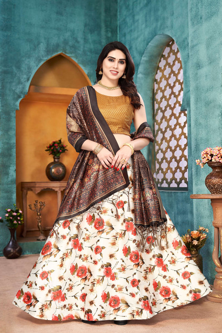 Traditional Cream Lehenga | Digital Print on Silk & Satin Silk Fabric