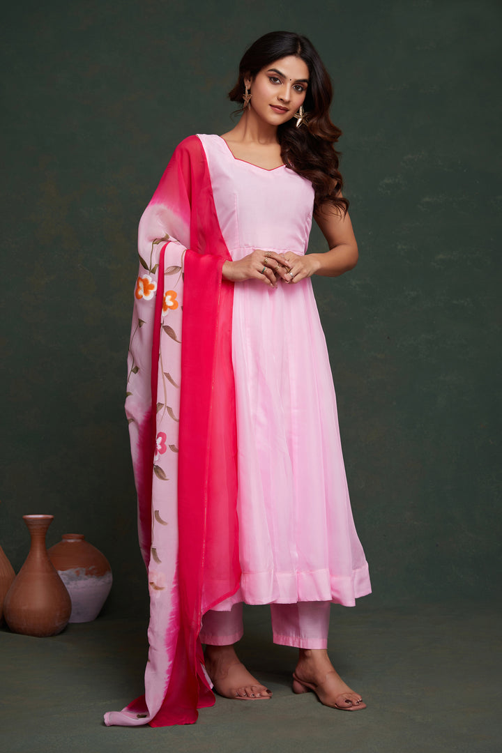Hand Printed Pink Viscose Organza Suit | Designer Look for Weddings & Parties