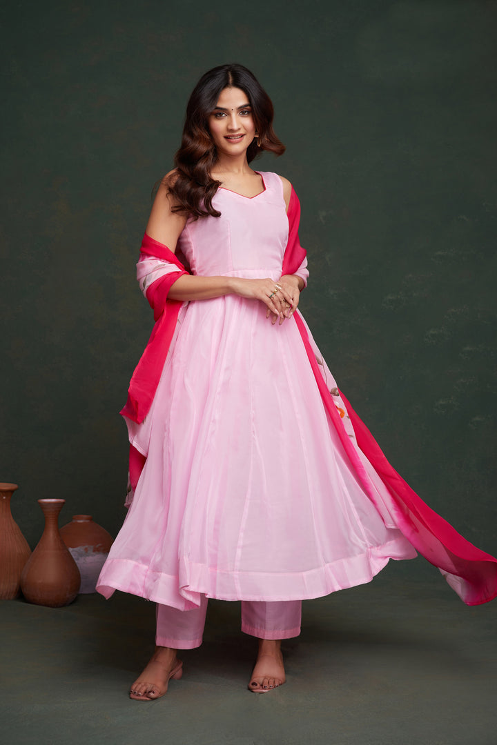 Hand Printed Pink Viscose Organza Suit | Designer Look for Weddings & Parties