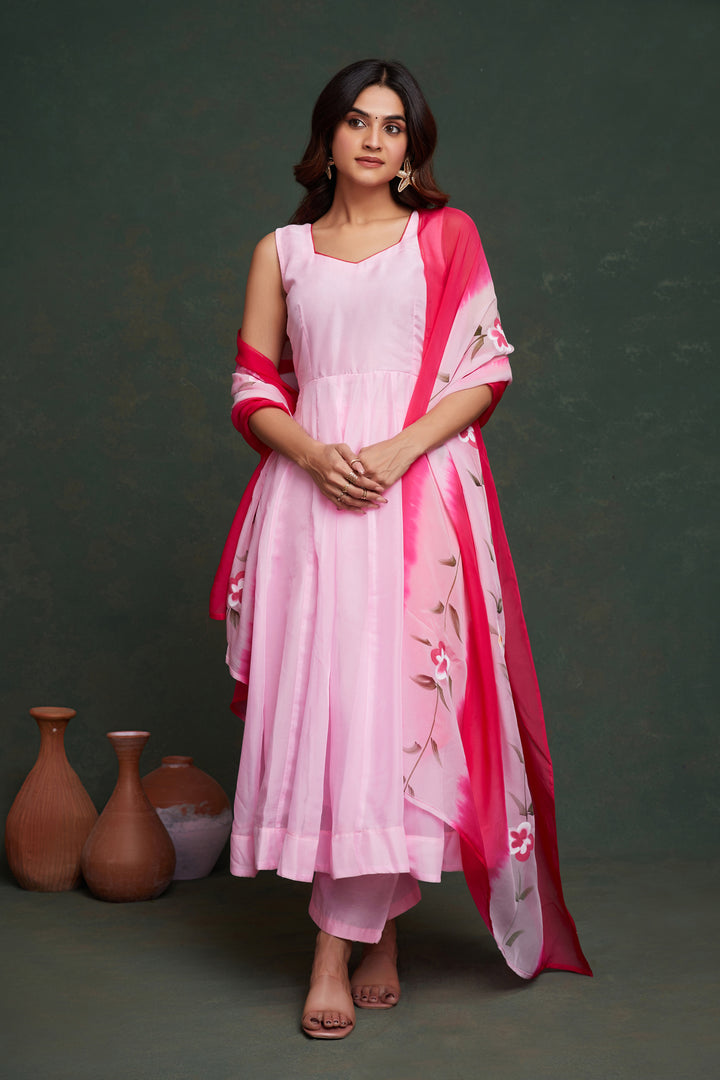 Hand Printed Pink Viscose Organza Suit | Designer Look for Weddings & Parties