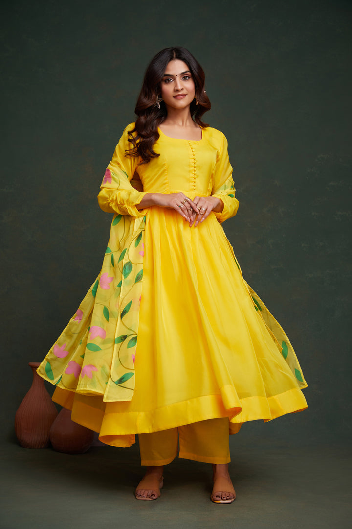 Yellow Viscose Organza Salwar Suit | Cotton Bottom & Designer Hand Prints