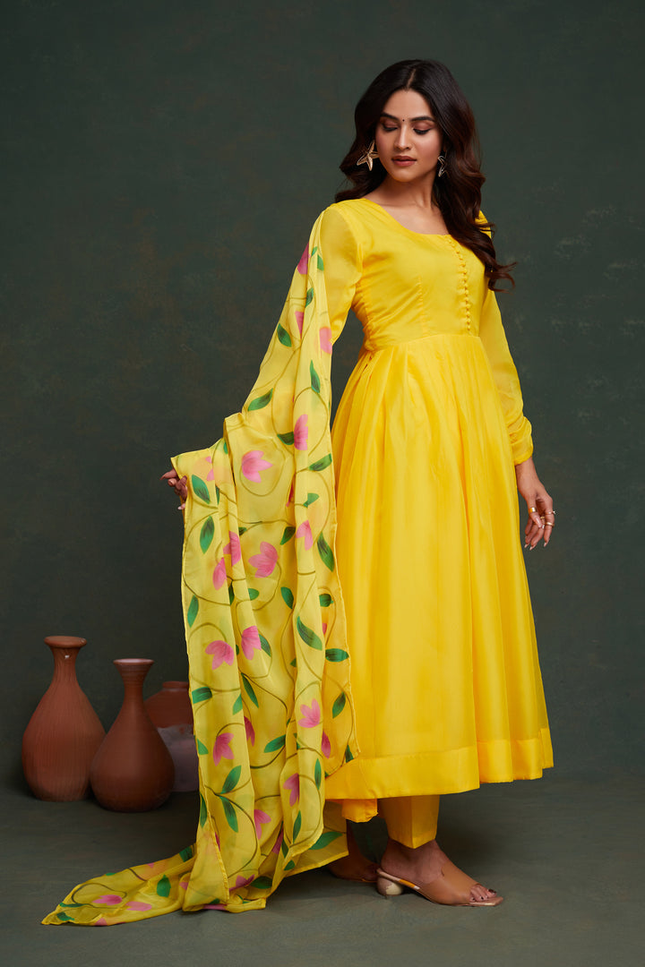 Yellow Viscose Organza Salwar Suit | Cotton Bottom & Designer Hand Prints