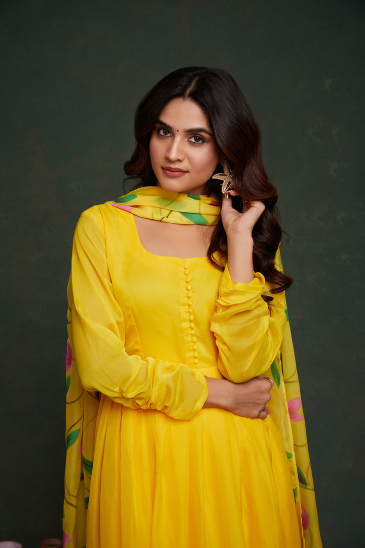 Yellow Viscose Organza Salwar Suit | Cotton Bottom & Designer Hand Prints