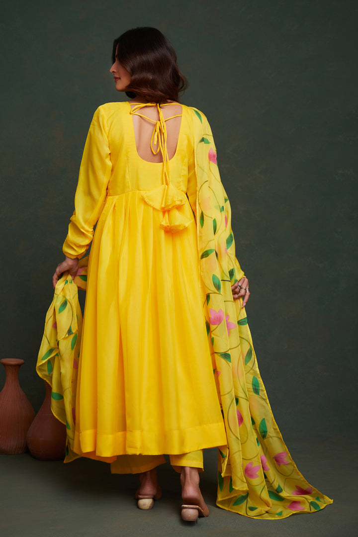 Yellow Viscose Organza Salwar Suit | Cotton Bottom & Designer Hand Prints
