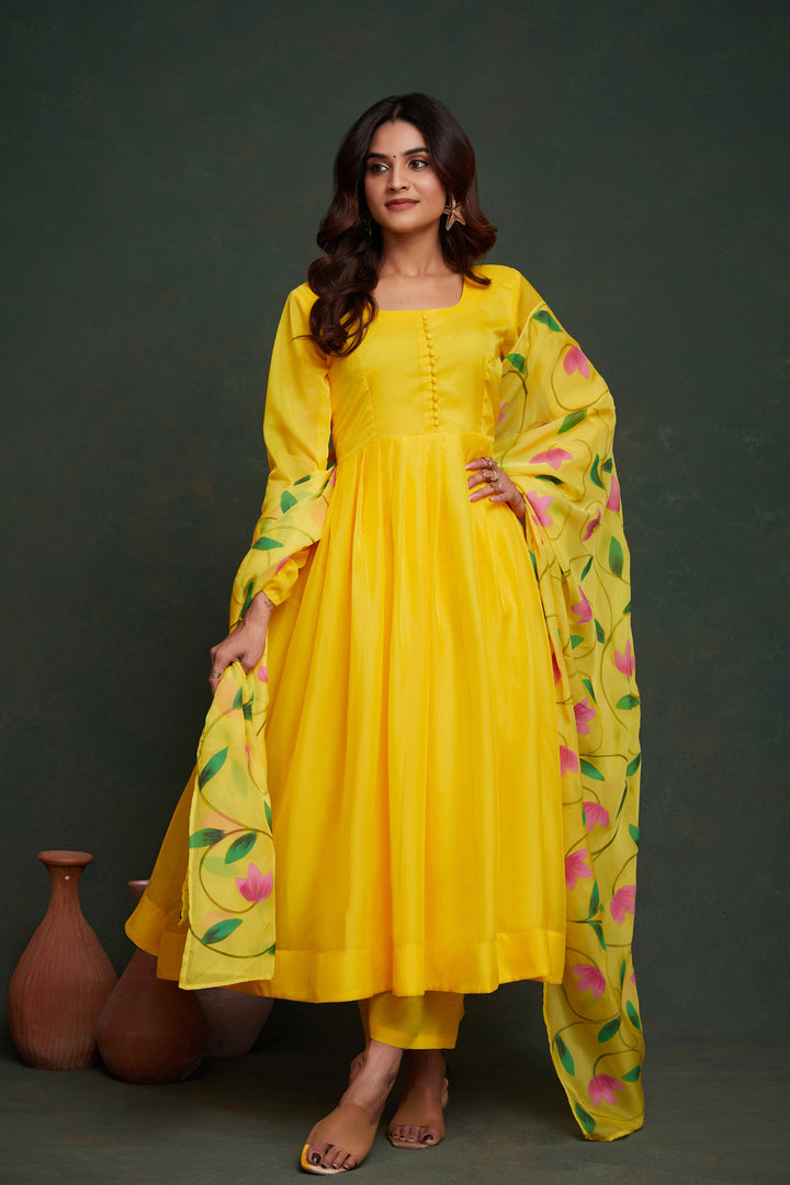 Yellow Viscose Organza Salwar Suit | Cotton Bottom & Designer Hand Prints