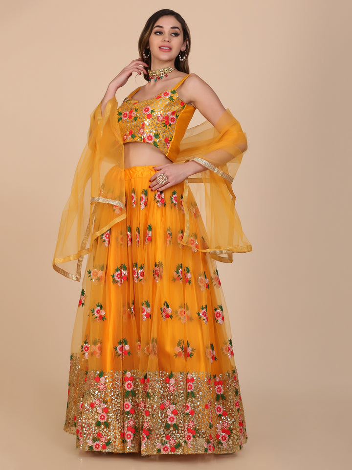 Elegant Yellow Net Lehenga Choli | Designer Embroidery Party & Festive Wear