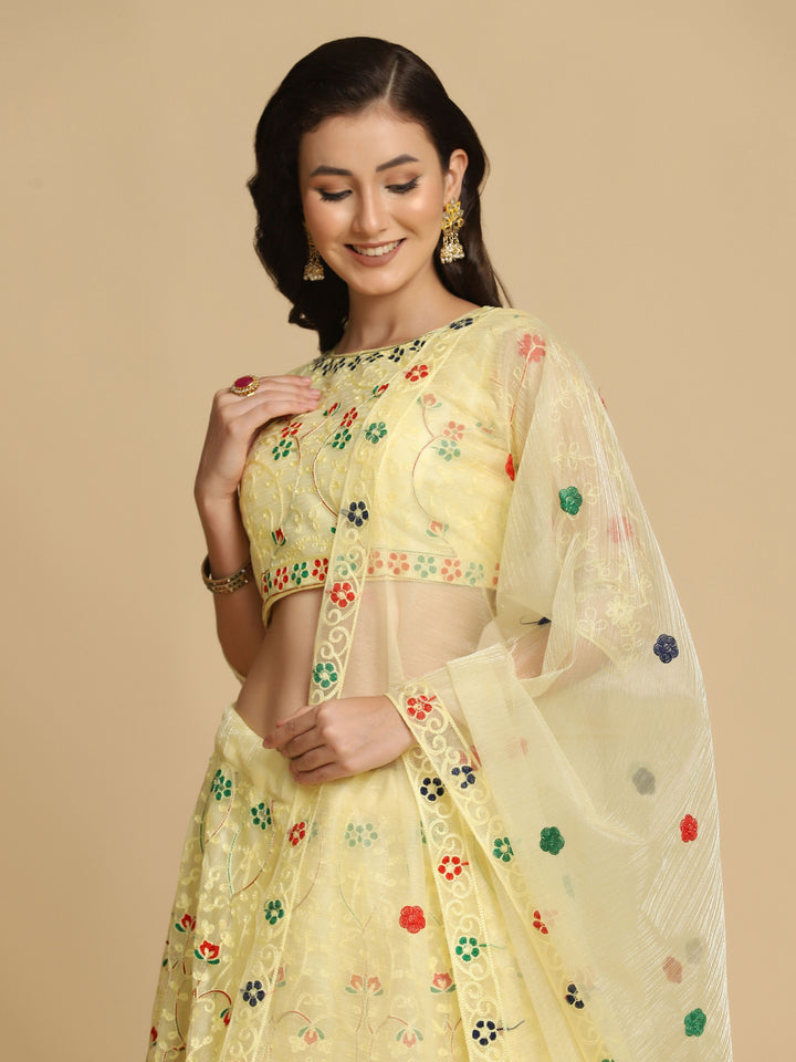 Designer Light Yellow Net Lehenga Choli | Stunning Embroidery Festive Look