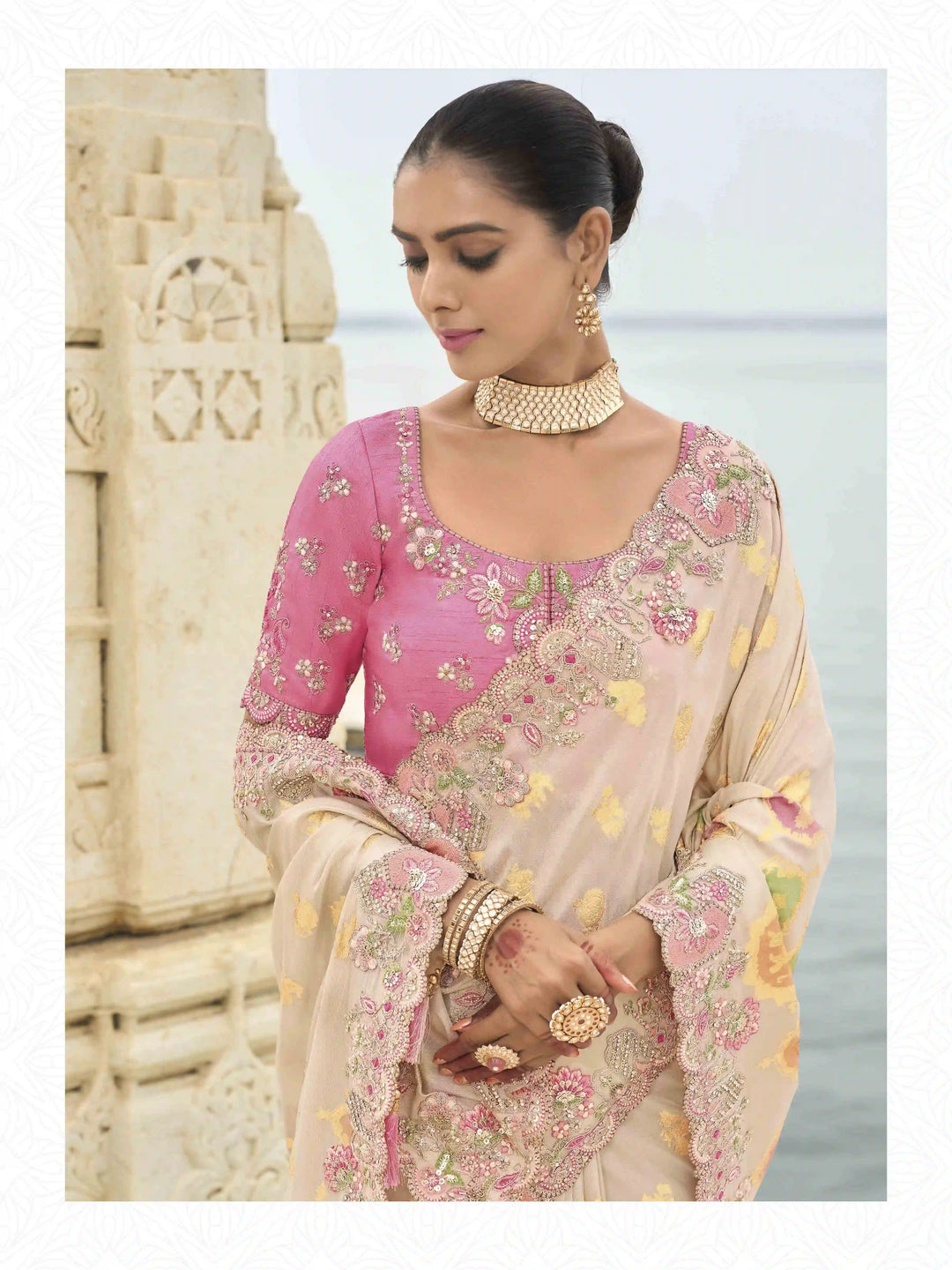 Elegant Peach & Pink Saree | Viscose Tissue Silk Wevon Designer Work