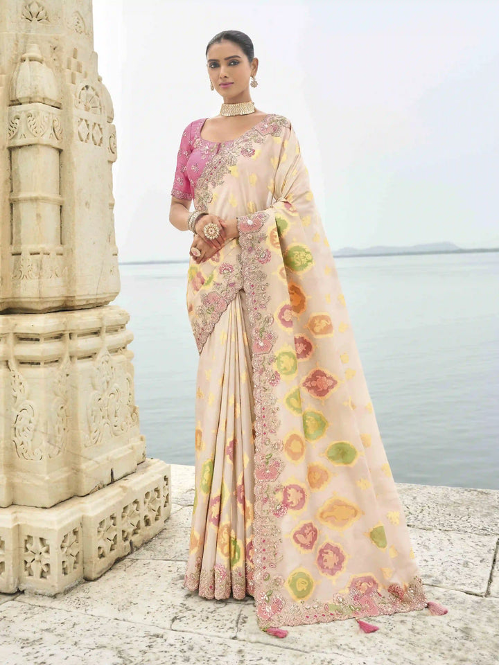 Elegant Peach & Pink Saree | Viscose Tissue Silk Wevon Designer Work