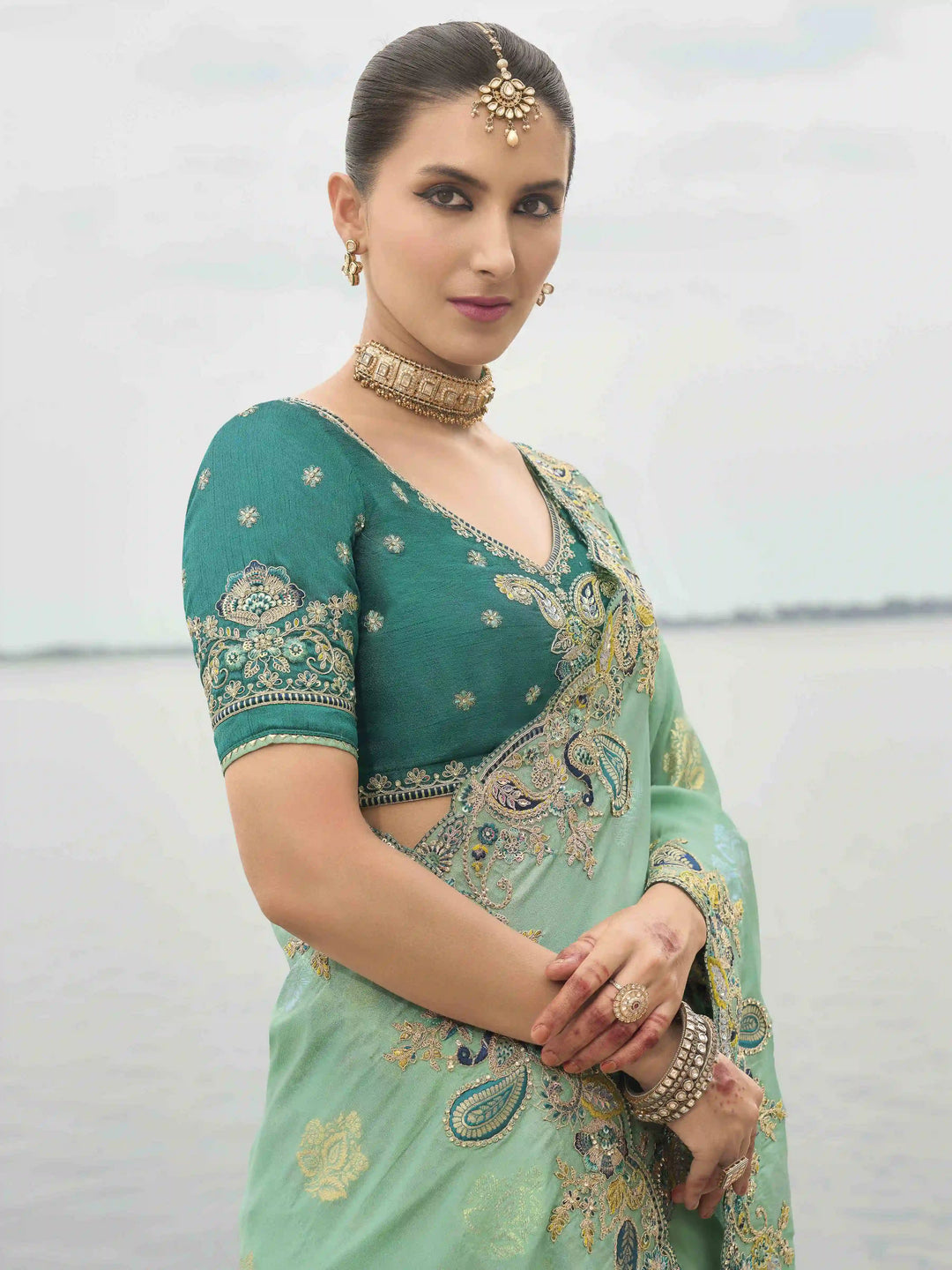 Sea Green Saree | Viscose Tissue Silk with Raw Silk Blouse Wedding Wear