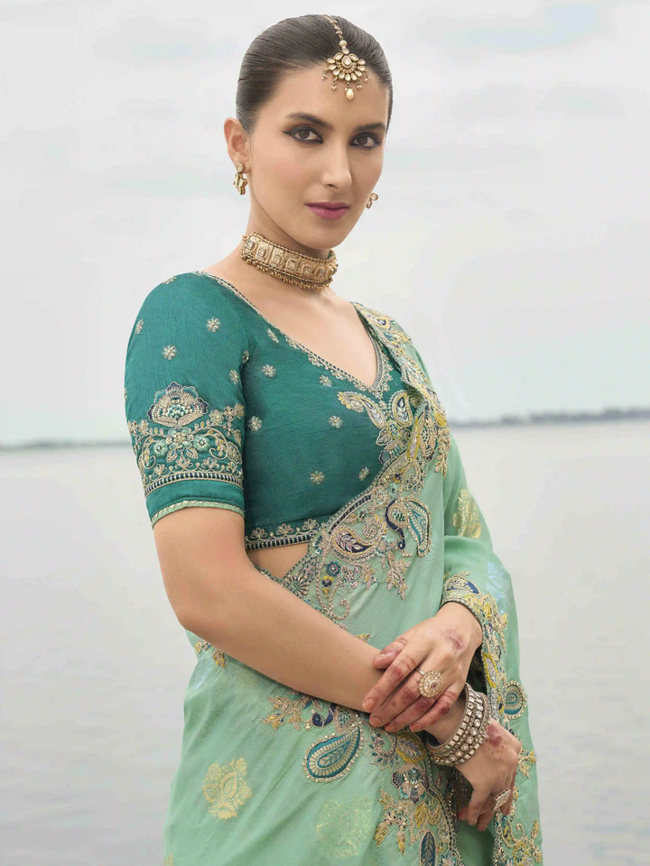 Sea Green Saree | Viscose Tissue Silk with Raw Silk Blouse Wedding Wear