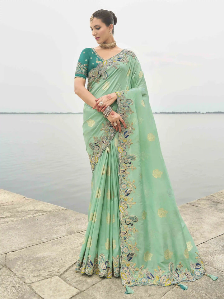 Sea Green Saree | Viscose Tissue Silk with Raw Silk Blouse Wedding Wear