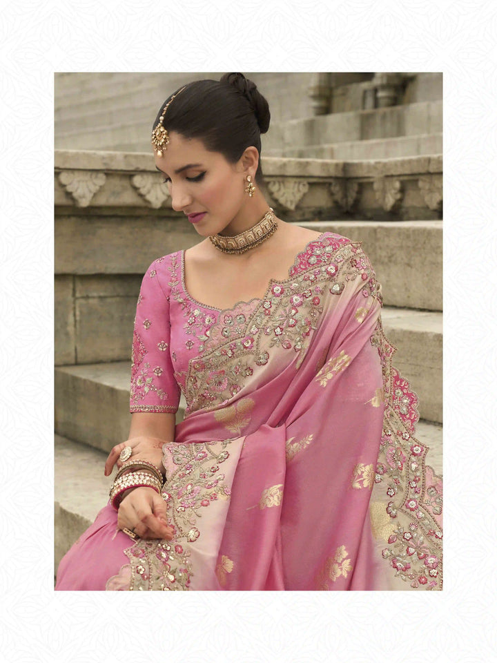 Designer Viscose Tissue Silk Saree | Raw Silk Blouse Embroidery & Stone Wedding Wear