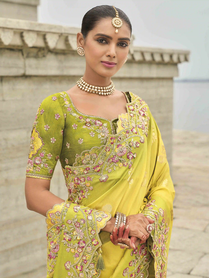 Designer Viscose Tissue Silk Saree | Raw Silk Blouse Embroidery & Stone Wedding Wear