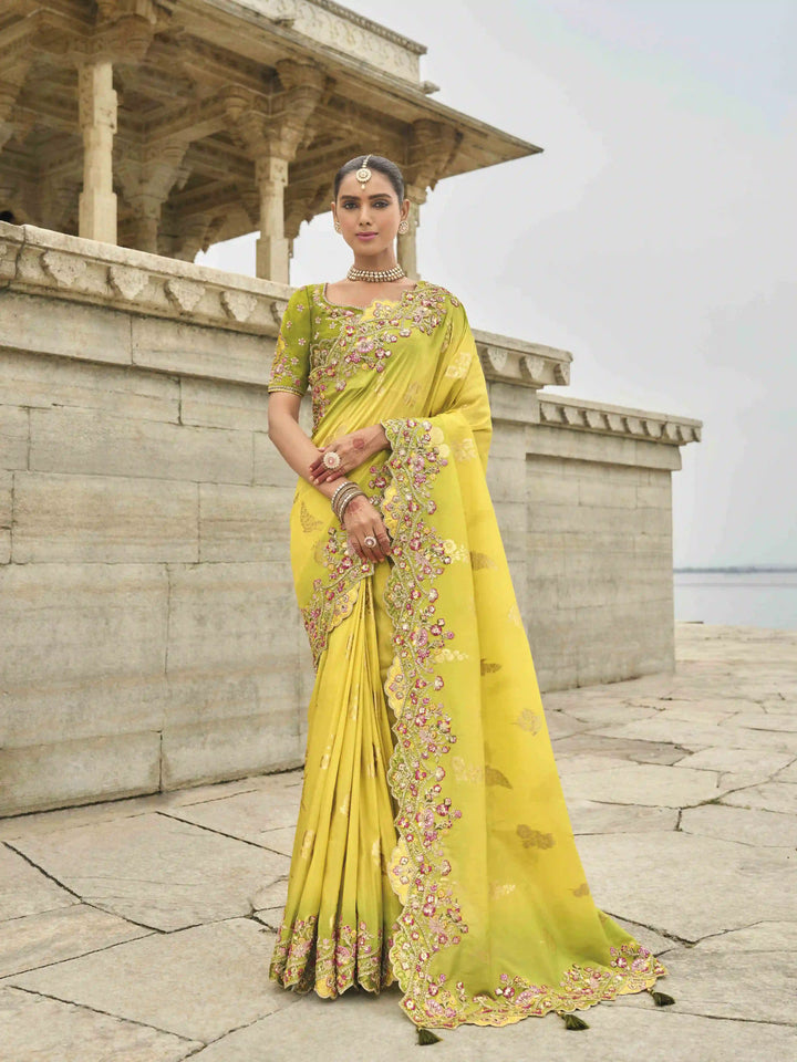 Designer Viscose Tissue Silk Saree | Raw Silk Blouse Embroidery & Stone Wedding Wear