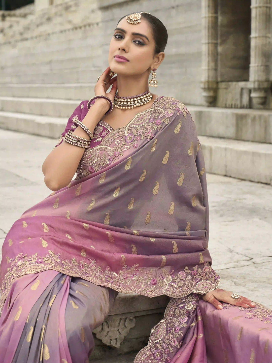 Pink Viscose Tissue Silk Saree | Wevon Embroidery & Stone Work Festive Wear