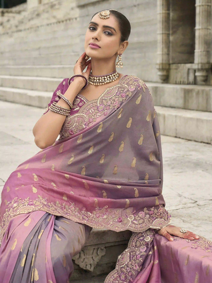 Pink Viscose Tissue Silk Saree | Wevon Embroidery & Stone Work Festive Wear