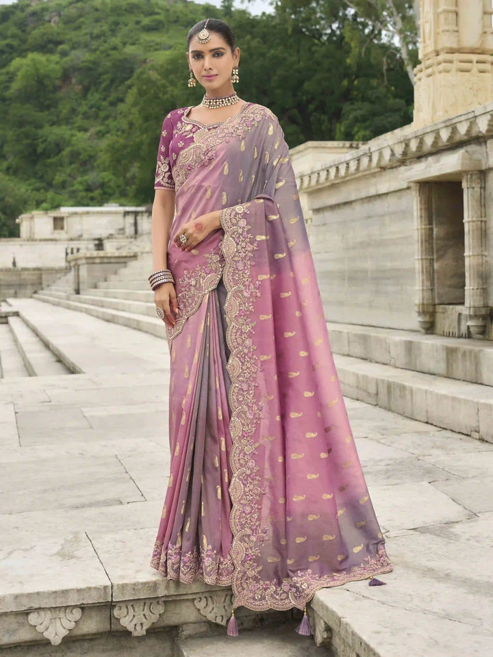 Pink Viscose Tissue Silk Saree | Wevon Embroidery & Stone Work Festive Wear