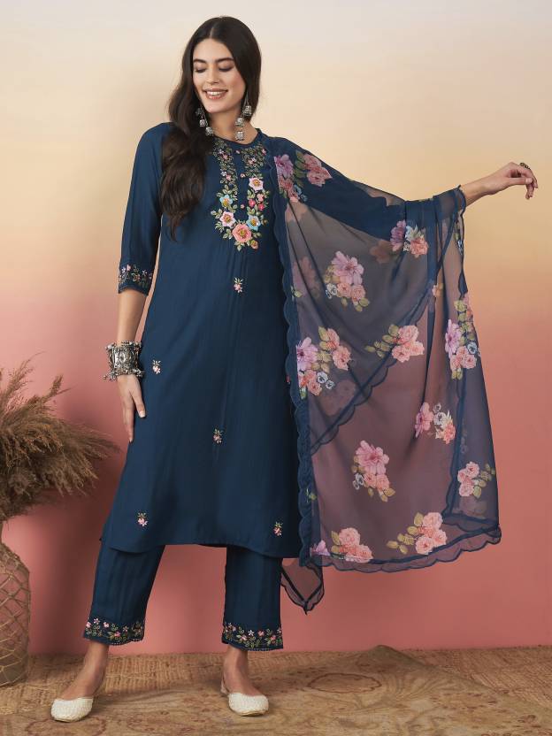 Elegant Embroidered Viscose Chanderi Salwar | Organza Dupatta for Festive Wear
