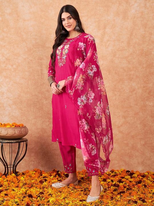 Elegant Embroidered Viscose Chanderi Salwar | Organza Dupatta for Festive Wear